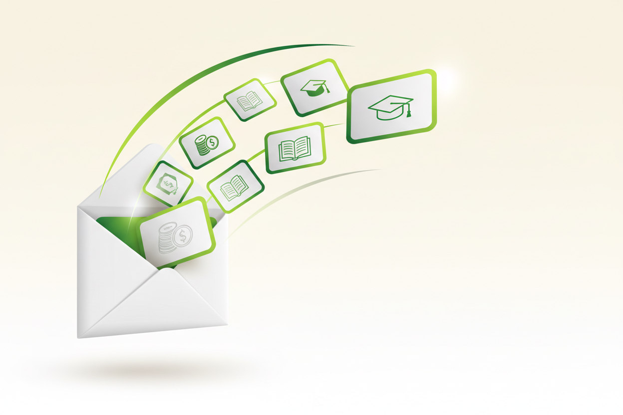 Hero Image Concept: “Scholarships Delivered Fast”

1. Main Visual Idea:

A clean, modern inbox/mail concept: an open envelope or inbox with scholarship “cards” popping out.

Each card can have subtle icons representing money, books, or graduation caps.

Motion or visual cues that imply speed—like streak lines or flying cards—to reinforce “fast.”

2. Background & Style:

Soft, light background (off-white or light gradient) to keep the text readable.

Accent colors that match your branding (green for “Subscri